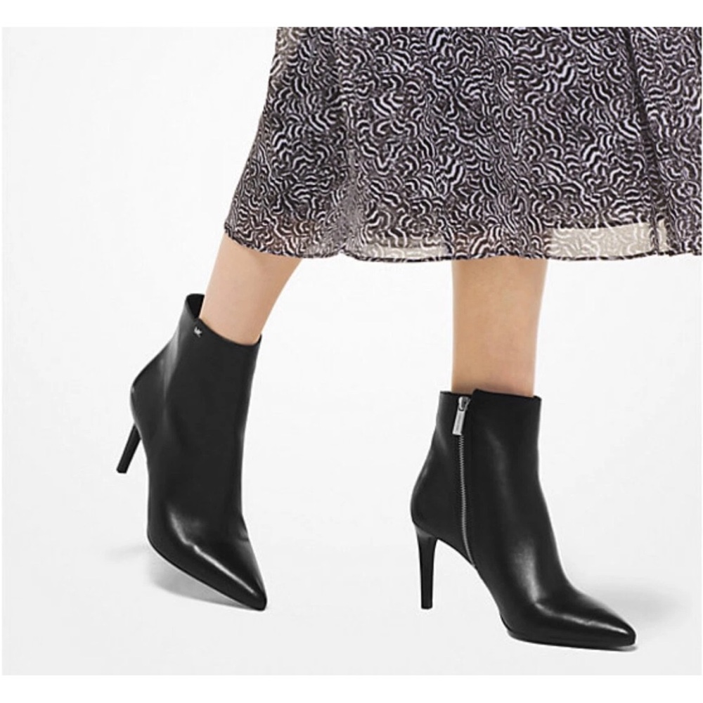 Michael Kors Black Leather Pointed Ankle Booties with Side Zip